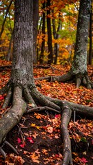 Obraz premium Majestic Tree Roots Anchored in a Carpet of Vibrant Autumn Leaves