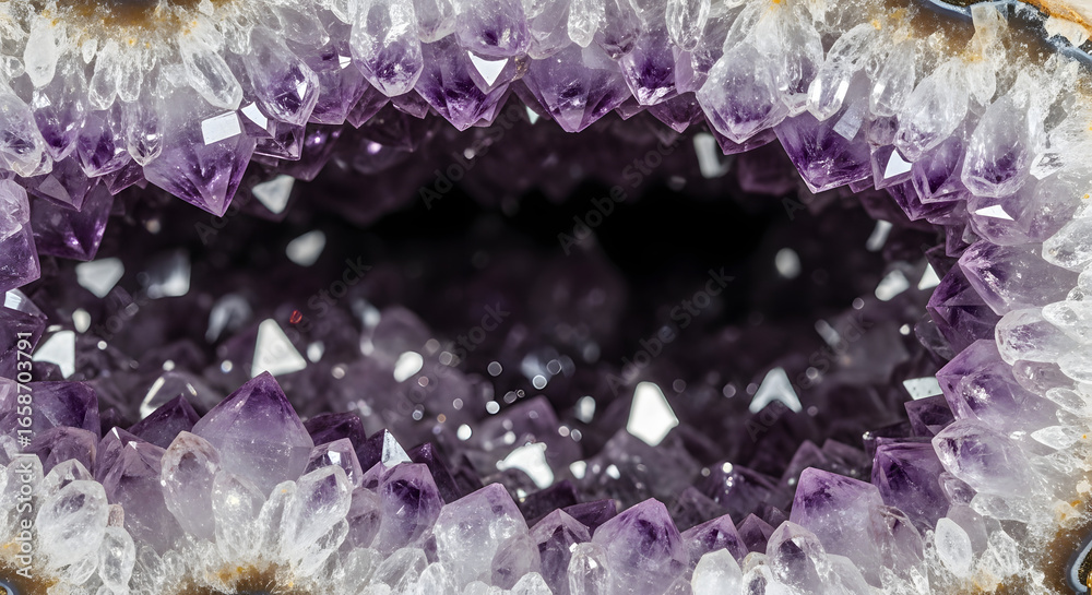 Wall mural a close-up macro view inside a beautiful amethyst geode showcasing the sharp sparkling purple and wh