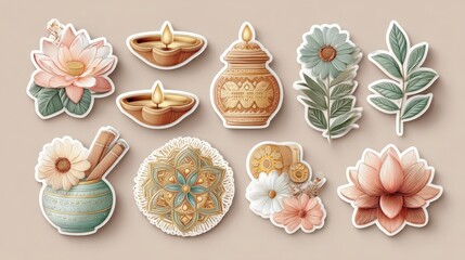 Colorful decorative stickers featuring flowers and candles.