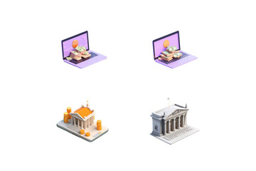 Business communication and travel concepts are depicted with a laptop, computer, and a set of vector travel icons