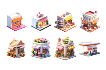 Colorful vector illustration of Christmas toys and houses with a ribbon bow on a decorative gift box