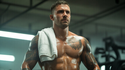 Muscular man with towel over shoulder in gym after intense workout session