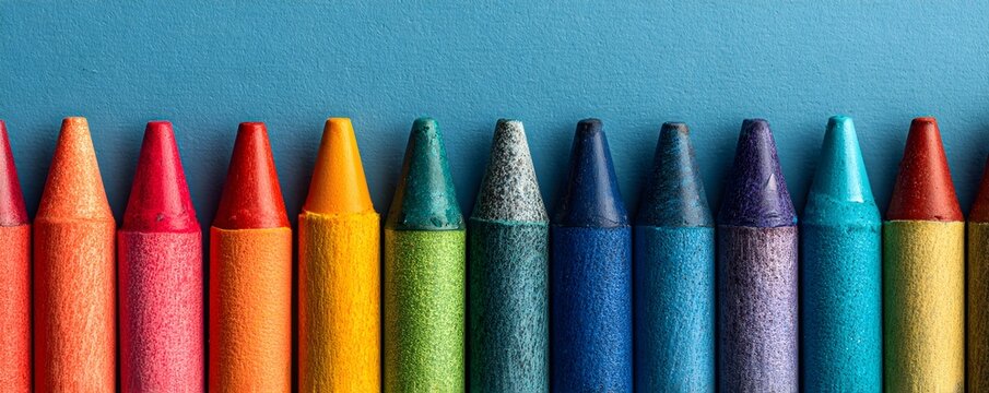 Close-up of colorful wax crayons arranged in a row on a blue background. Vibrant spectrum of colors symbolizing creativity, art, and childhood.