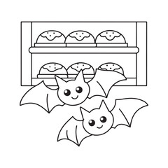 Adorable Baby Bats Flying Towards Cupcakes in a Baking Rack Line Art cute kawaii