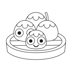 Adorable cartoon dim sum dumplings with cute faces in a bamboo steamer basket on a white background