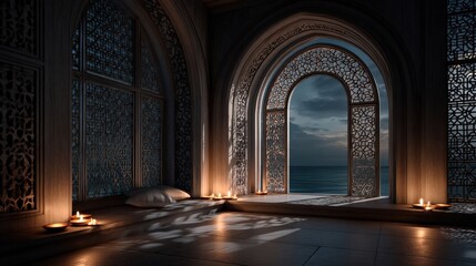 Serene room with intricate designs and ocean view at twilight.