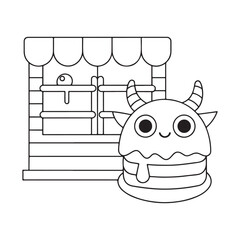 Cute Cartoon Monster Stacked Pancakes with Syrup and a Market Stall dripping