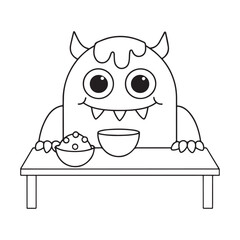 Cute cartoon monster with horns sitting at a table with bowls of food character