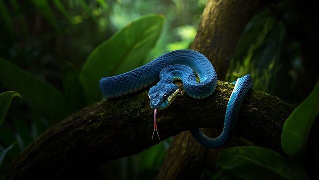 Vibrant blue tree python coiled on a mossy branch in a lush rainforest