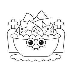 Spooky cartoon bowl of nachos with vampire eyes and fangs outline chips snack