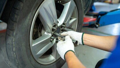 Fototapeta premium Mechanic's Hands Tightening Lug Nuts on Car Wheel, Automotive Repair Close-Up.