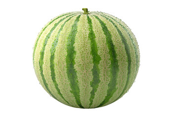 Fresh, whole watermelon, vibrant green stripes, pale beige flesh, water droplets