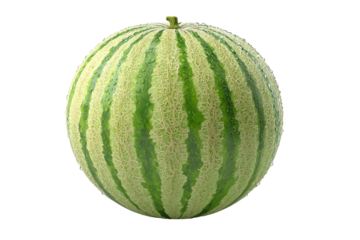 Fresh, whole watermelon, vibrant green stripes, pale beige flesh, water droplets