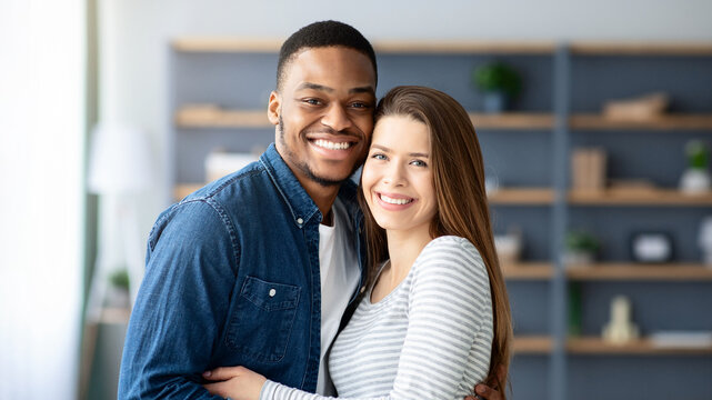 Portrait Of Romantic Interracial Couple Embracing And Smiling At Camera, Happy Young Multicaltural Lovers White Woman And Black Man Hugging While Posing At Home Together, Copy Space