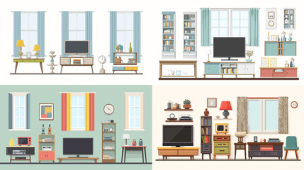 Flat vector illustration of cozy living room interior with TV, shelves, lamps, and decor. Modern home design featuring stylish furniture arrangement and comfortable entertainment space.