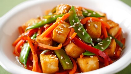 Healthy stir fried tofu with colorful vegetables and sesame seeds in a white bowl
