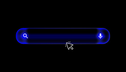 A blue glassmorphism search bar for dark mode UI. A modern, glossy search box with a liquid glass effect, featuring voice search and a cursor icon. A futuristic vector element for web and app design.