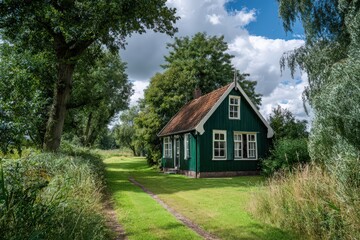 Obraz premium Charming Cottage in Nature's Embrace: A quaint, verdant cottage nestles serenely amidst lush greenery, inviting a sense of tranquility and rustic allure. A perfect illustration of rural escape.
