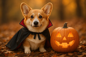 Adorable corgi dog dressed in a Dracula-style vampire cape sitting in the middle of an autumn forest.