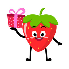 Cute Hand Drawn Strawberry Giving a Present Gift