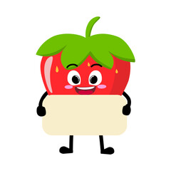 Cute Hand Drawn Strawberry Holding White Blank Poster At The Front