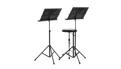 Two black music stands, one with a stool