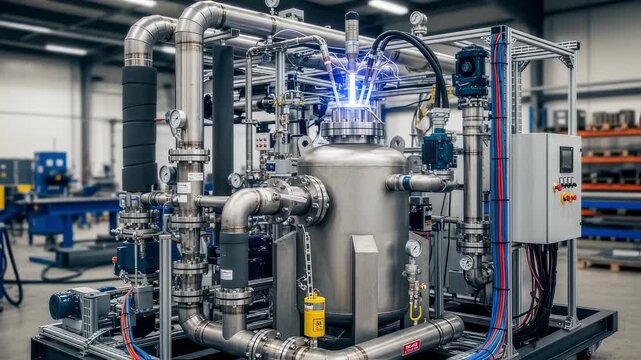 Plasma arc wastegasification reactor skid featuring insulated piping and electrical wiring viewed inside a modern fabrication workshop.