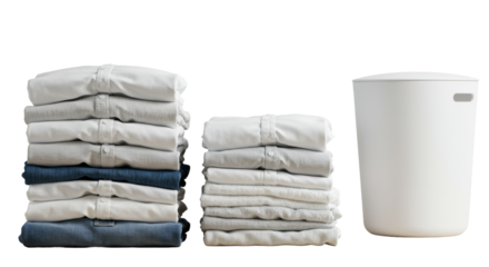 Crisp, neatly folded white, cream, and pastel laundry stack, including shirts, towels, jeans, on a pristine tabletop with a modern basket. Concept of domestic order