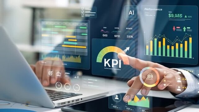Person interacting with digital dashboards showing KPIs, charts, and graphs on overlaid interfaces over a laptop and tablet - Powered by Adobe