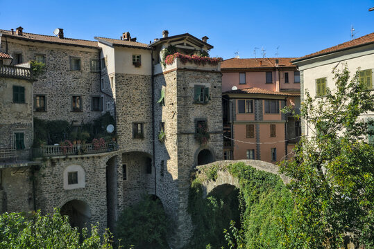  A view of the historic stone bridge spanning a stream in the medieval village of Bagnone, Italy, with ancient stone buildings on both sides surrounded by lush green foliage.