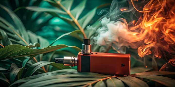 A vaping device with smoke on leaves and orange flames in a detailed close up nature setting view - Powered by Adobe