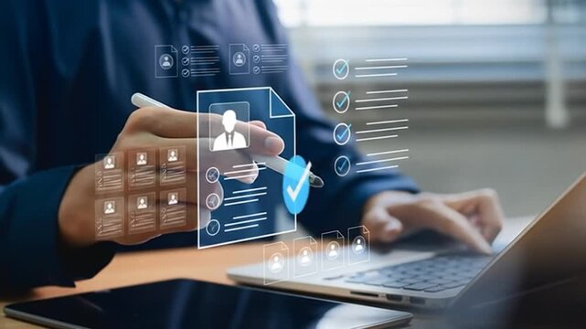 Person interacting with digital resume and checklist on a laptop - Powered by Adobe