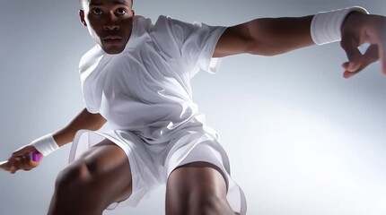 Male tennis player executing dynamic shots, displaying powerful strokes and athletic precision against clean white backdrop