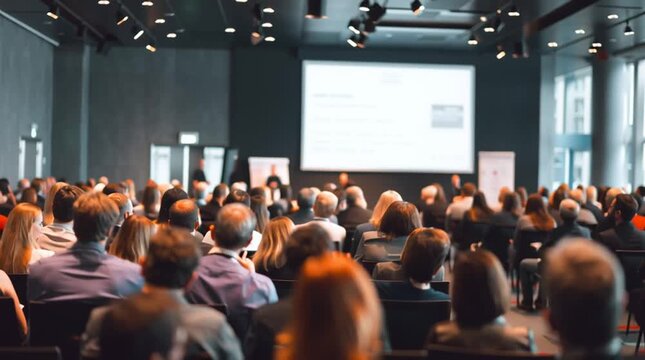 Business people attending a presentation in a conference hall, watching a speaker on stage