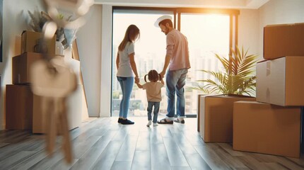 Family entering modern apartment, holding hands and sharing moment of joy after moving in, symbolizing new beginnings and shared excitement of homeownership
