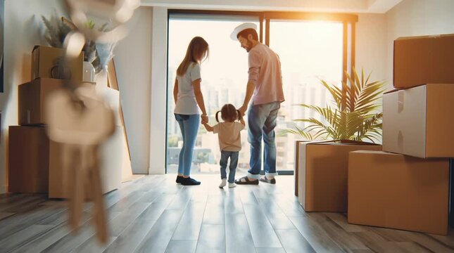 Family entering modern apartment, holding hands and sharing moment of joy after moving in, symbolizing new beginnings and shared excitement of homeownership - Powered by Adobe