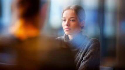 Therapist and client engaged in a reflective dialogue medium frame with focused faces and blurred surroundings creating a safe confidential environment.