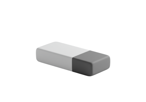 A sleek, modern two-toned rectangular white and grey eraser on a minimalist light grey desk, clean blurred background, sharp focus, high key lighting. Concept of business refinement and