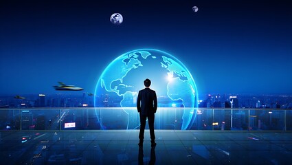 Man in suit stands before glowing futuristic globe and cityscape with spacecraft and moons