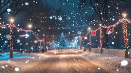 Snowy Winter Night Street Scene.