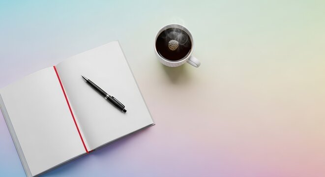 Overhead shot of an open notebook with a pen and a cup of coffee on a pastel colored background