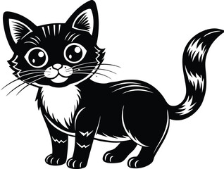 Obraz premium Black and white cartoon cat with large eyes and striped tail standing on white background kitten animal