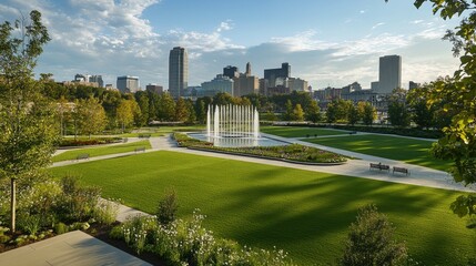 Lush parkland overlooking a city skyline, with a central fountain