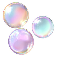 Three iridescent soap bubbles, various pastel hues