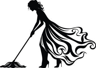 Silhouette of elegant woman in patterned dress and heels mopping floor, stylish vector illustration mixing glamour with household chore concept