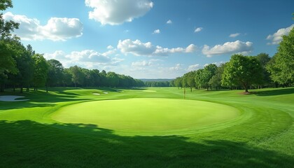 Expansive golf course with manicured green fairways, putting green under clear blue sky with fluffy white clouds. Rich trees line course, providing shade, serene atmosphere for perfect day of outdoor
