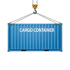 Blue cargo container being lifted by crane isolated on transparent background