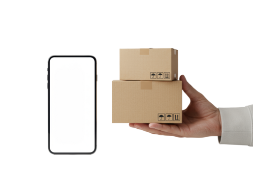 Well-groomed hand in light top presenting two plain brown delivery boxes next to a sleek smartphone on a minimalist studio surface, concept of modern e-commerce and delivery