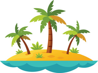 Three cartoon palm trees on a sandy island surrounded by blue water beach