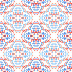 Seamless geometric pattern with ornate floral mandala design in red and blue on a transparent background. Perfect for textile design, wallpaper, wrapping paper, digital backgrounds, surface decoration